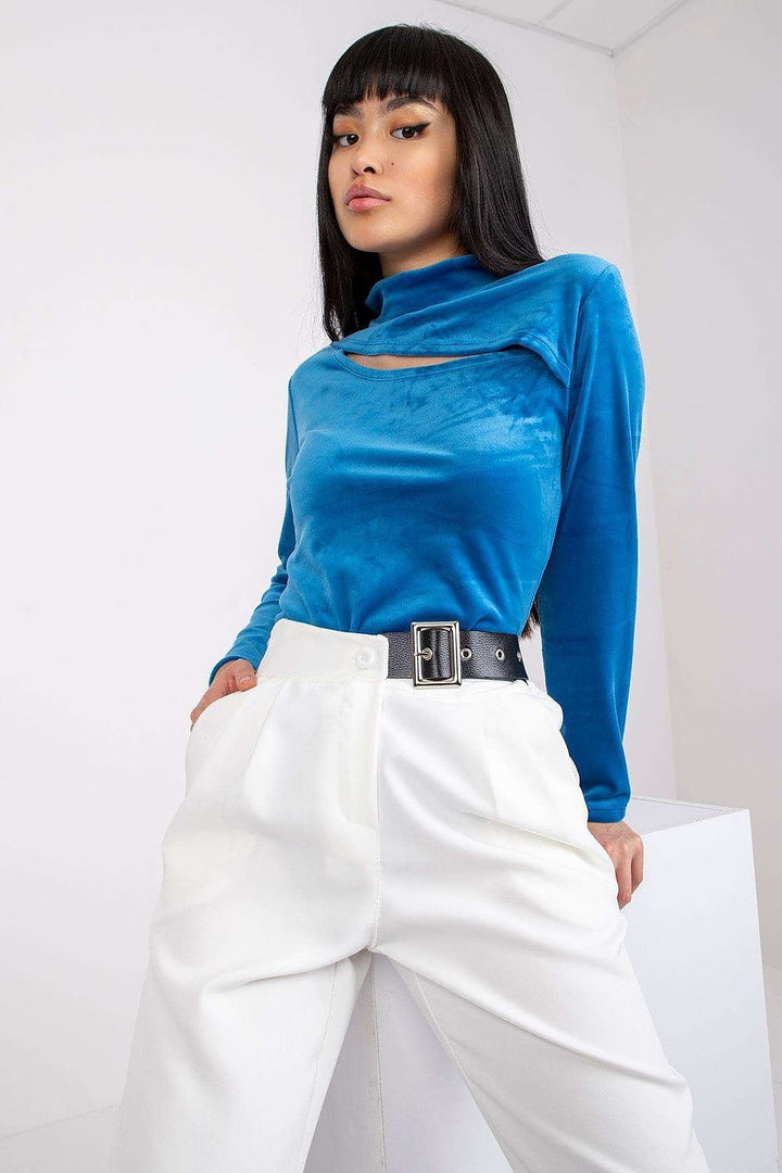 Long sleeve velour blouse with a stand-up collar