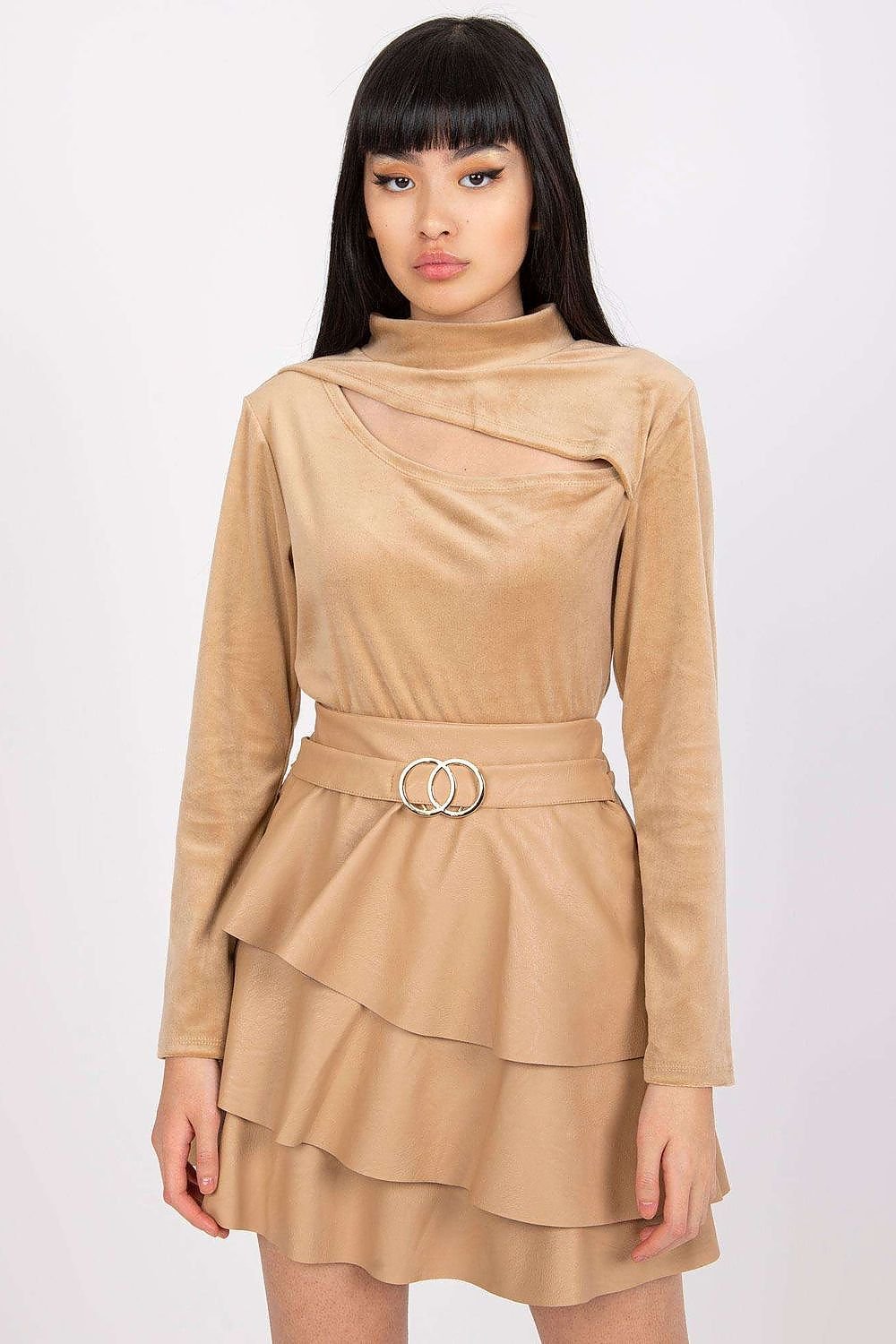 Long sleeve velour blouse with a stand-up collar