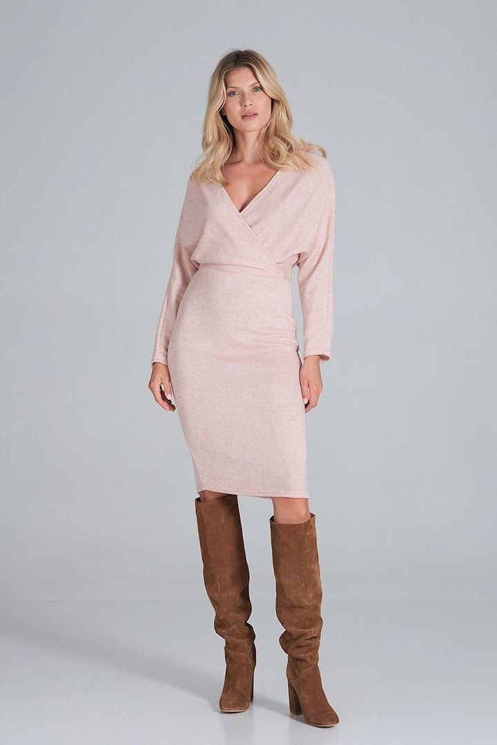 Robe midi chaude en maille d'hiver, encolure enveloppe Figl