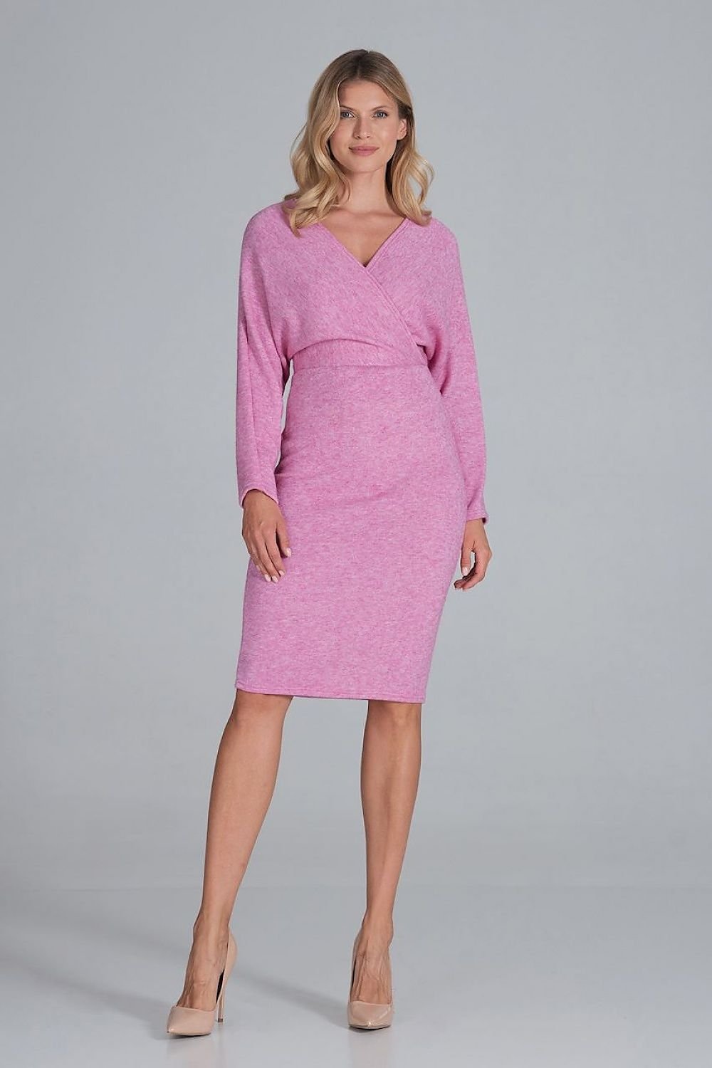 Robe midi chaude en maille d'hiver, encolure enveloppe Figl